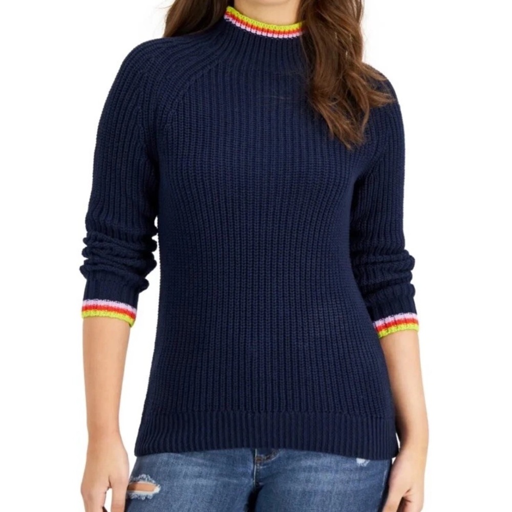 Style & Co Sweater Cable-Knit Funnel-Neck Navy Color Size 2X Multicolor trim